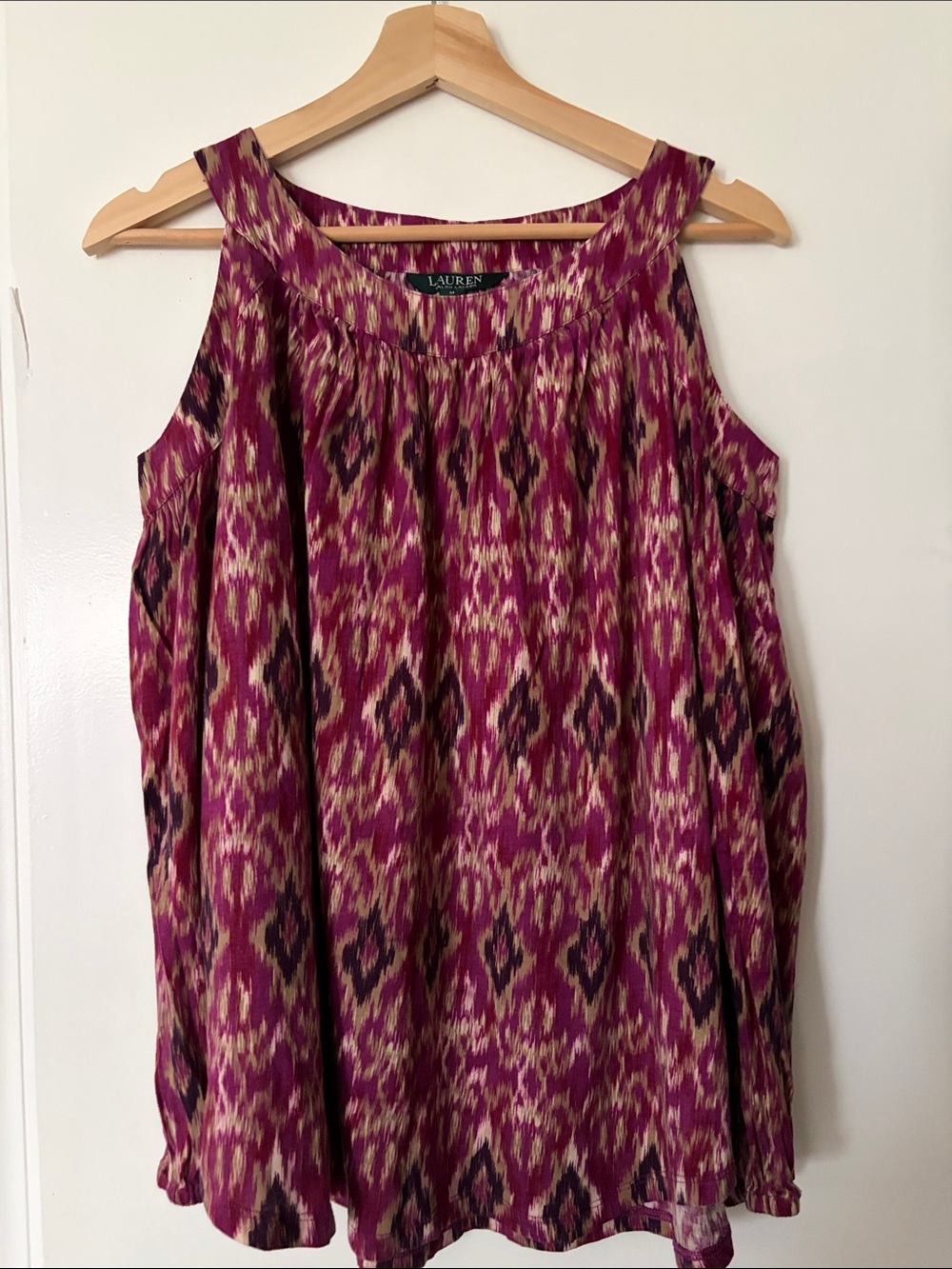 Lauren Ralph Lauren Magenta Ikat Print Cold Shoulder Top